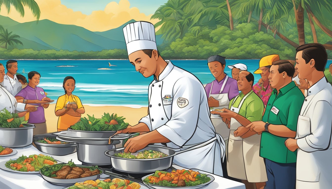 A chef prepares a dish at the Mauna Lani Culinary Classic, surrounded by eager onlookers and a backdrop of lush Hawaiian scenery