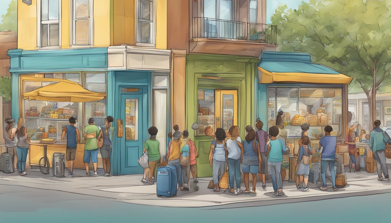 A bustling street corner in Chico, CA, with a colorful community fridge surrounded by people exchanging food and sharing stories of success