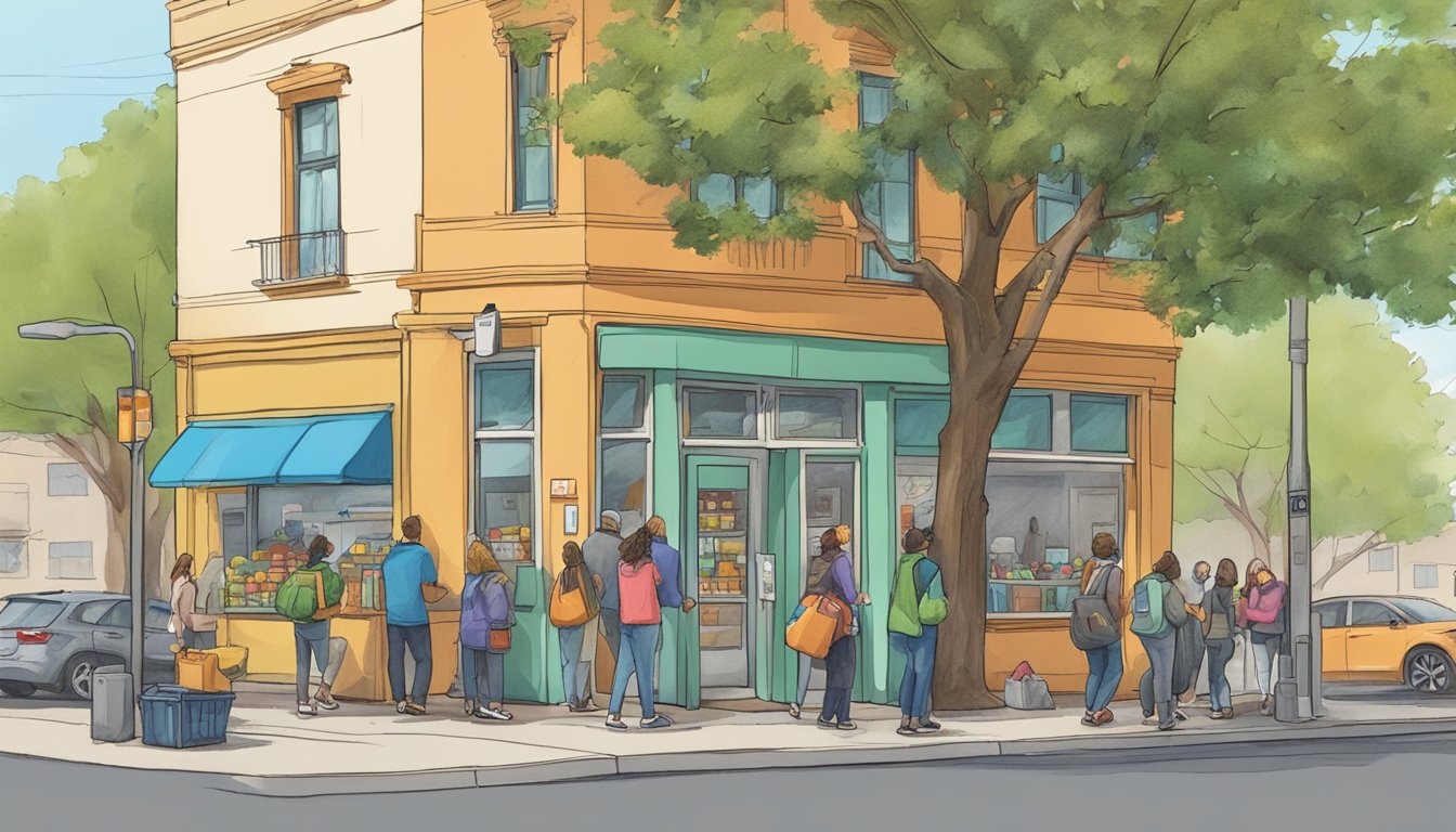 A bustling street corner in Chico, CA, with a colorful community fridge surrounded by people dropping off donations and others coming to take what they need