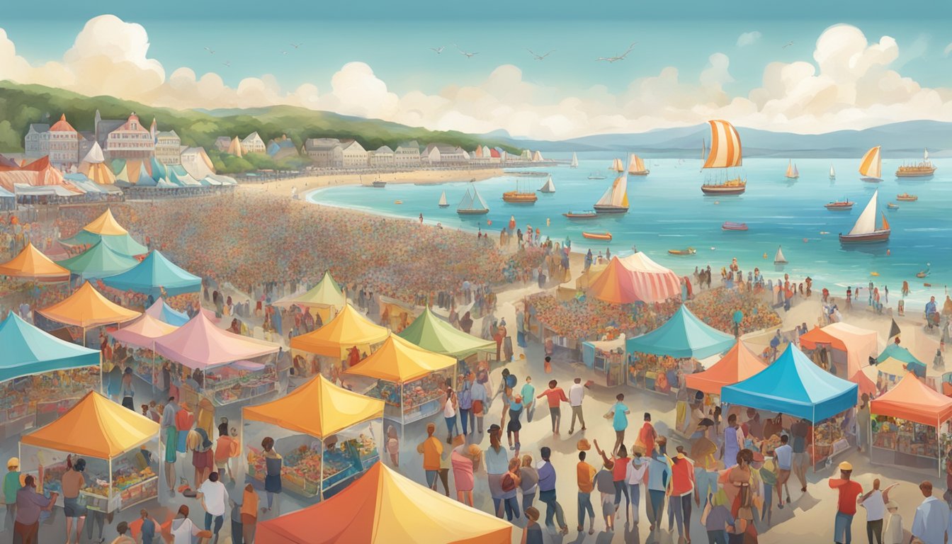 A bustling seaside festival with colorful tents, steaming pots of lobster, and crowds of people enjoying live music and ocean views