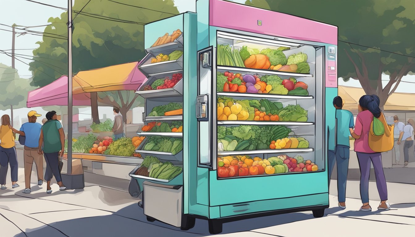 A colorful community fridge sits on a busy street corner in Downey, CA, filled with fresh produce and packaged goods. People stop to browse and contribute items