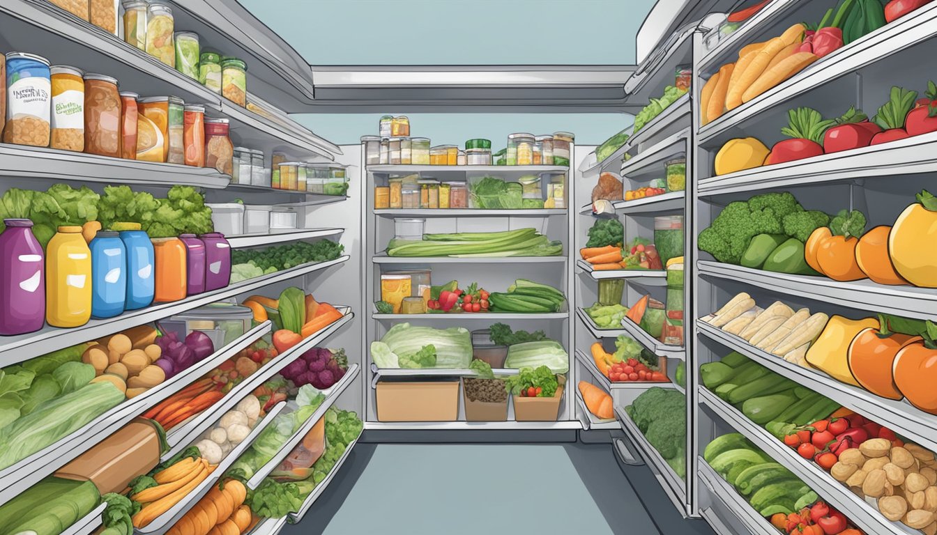 A bustling community fridge in Gilbert, AZ, filled with a variety of fresh produce, canned goods, and other food items