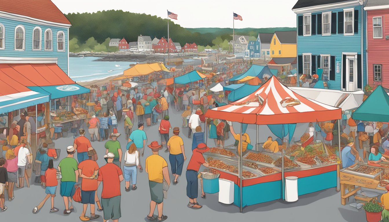 A bustling Maine lobster festival with vendors, live music, and crowds of people enjoying the seaside event