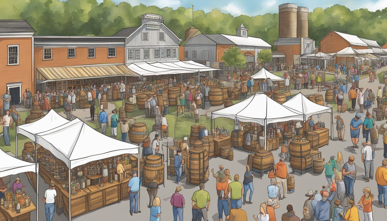 A bustling Kentucky Bourbon Festival in Bardstown, KY, with distillery displays, live music, and crowds of visitors enjoying tastings and festivities