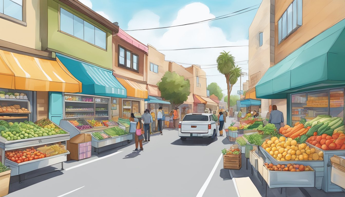 A bustling street in Downey, CA with colorful community fridges adorned with artwork and filled with fresh produce and packaged goods