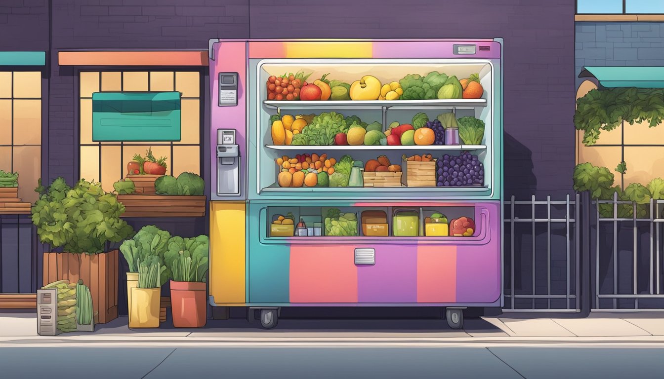 A colorful community fridge sits on a sidewalk, filled with neatly organized fruits, vegetables, and other food items. People stop by to leave or take items