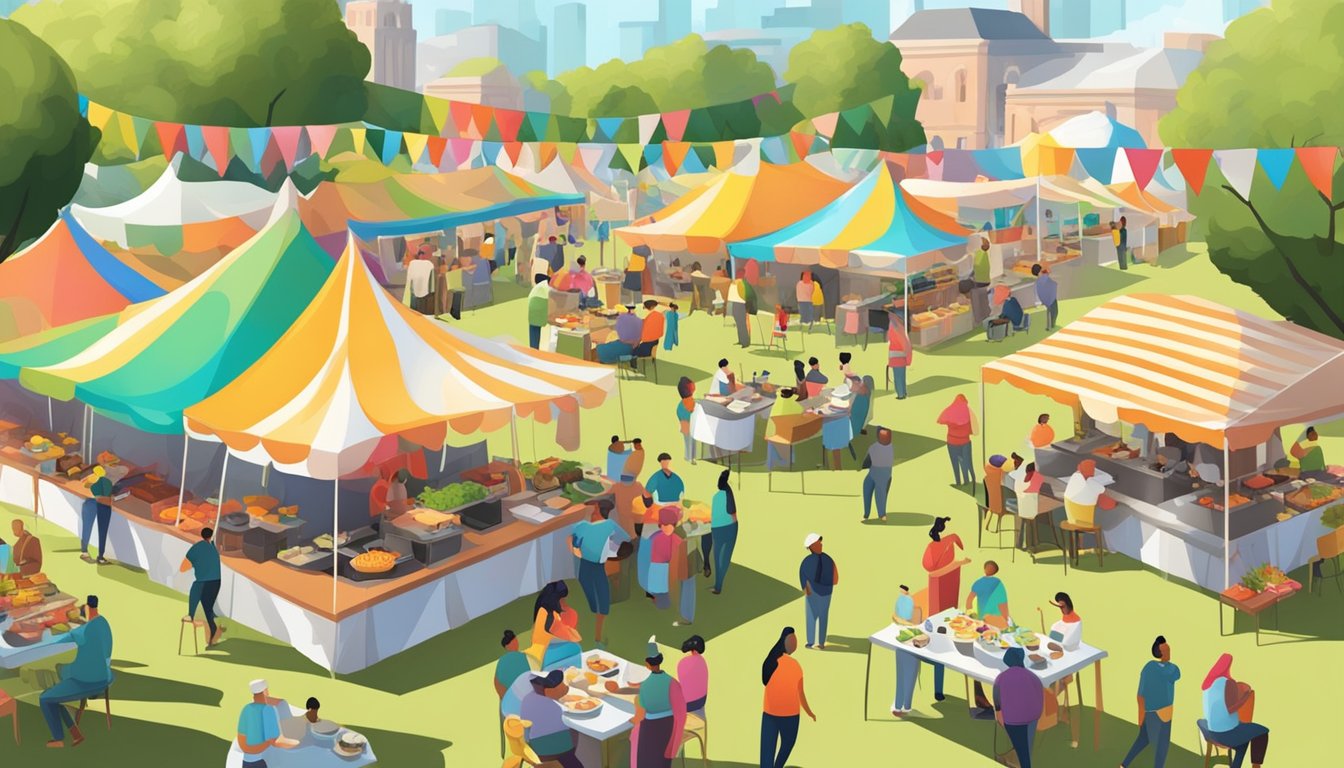 A bustling outdoor food festival with colorful tents and tables, chefs cooking and serving dishes, and people enjoying the event