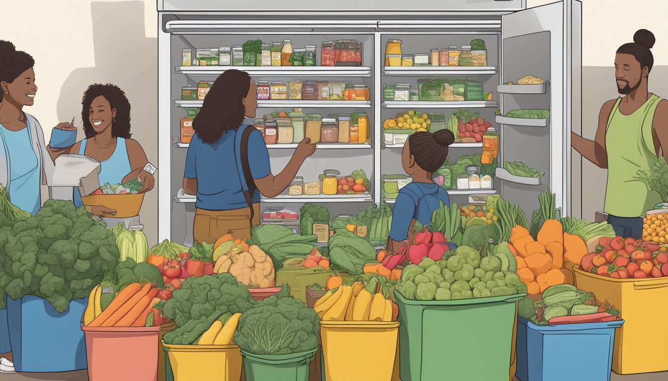 A colorful local community fridge filled with fresh produce and pantry items, surrounded by a diverse group of people making donations and taking what they need