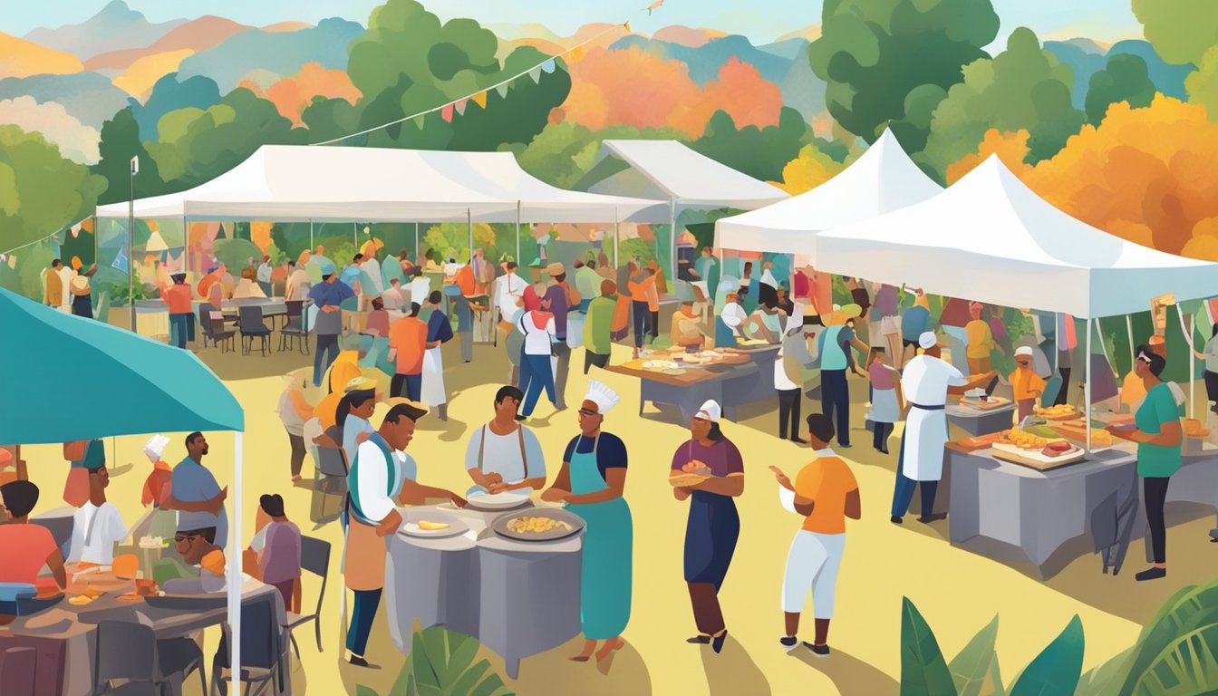 A vibrant outdoor food festival with chefs cooking, guests dining, and live music playing in the background