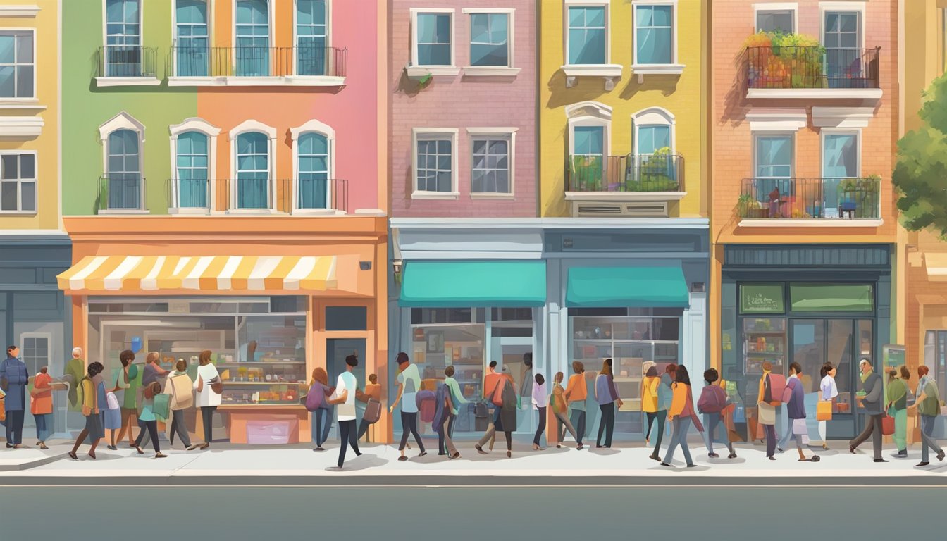 A bustling street corner with a colorful, well-stocked community fridge surrounded by people coming and going