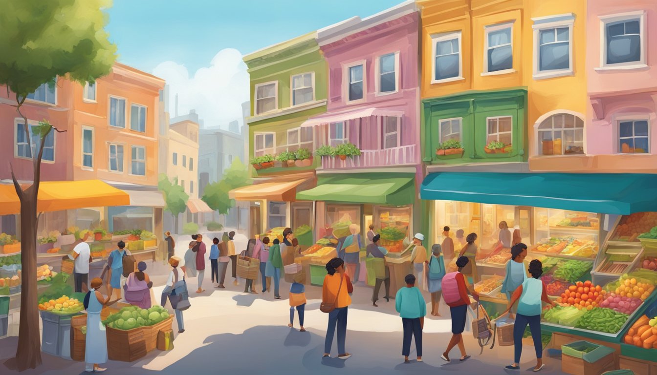 A bustling street corner with a colorful, decorated fridge filled with fresh produce and food items. People of all ages and backgrounds gather around, exchanging goods and conversation