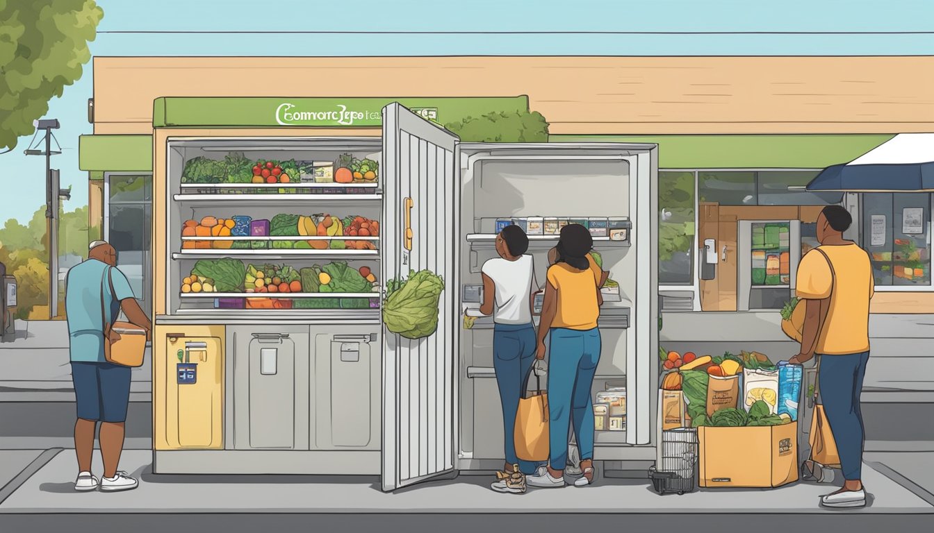 A community fridge in Concord, CA filled with various fruits, vegetables, and packaged goods. People are seen dropping off donations