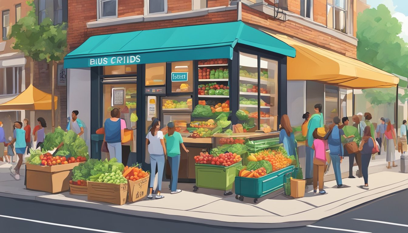 A bustling street corner with a colorful, decorated fridge filled with fresh produce and canned goods. People of all ages and backgrounds are stopping by to donate or take items