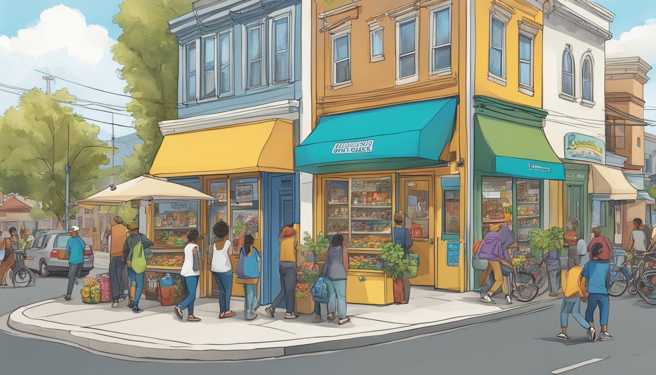 A bustling street corner in Concord, CA, with a colorful community fridge adorned with local artwork and surrounded by people dropping off and picking up food