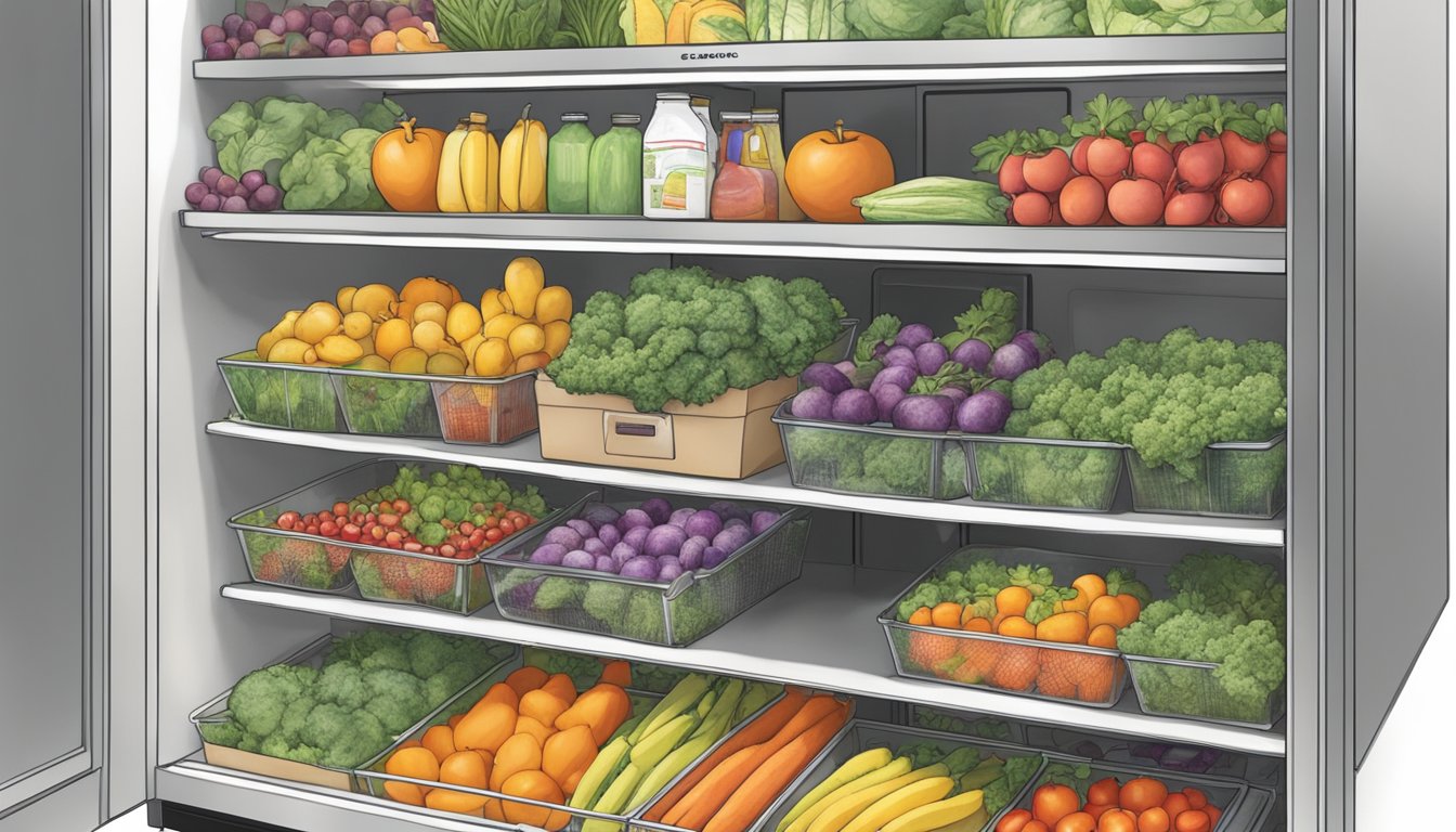 A person places fresh produce and packaged goods into a community fridge in Gilbert, AZ