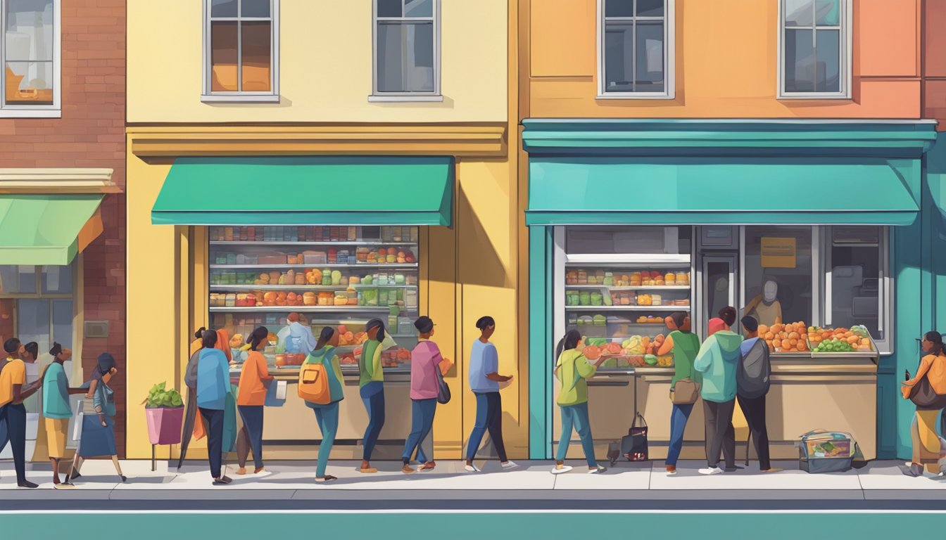 A bustling street with a colorful local community fridge surrounded by people donating and taking food