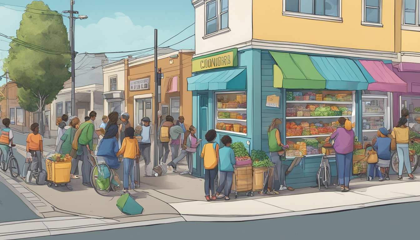 A busy street corner in Concord, CA with a colorful community fridge surrounded by diverse residents accessing and donating food