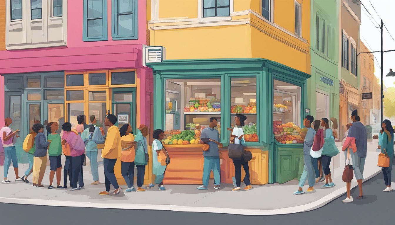 A bustling street corner with a colorful community fridge surrounded by people from diverse backgrounds, exchanging food and engaging in conversations