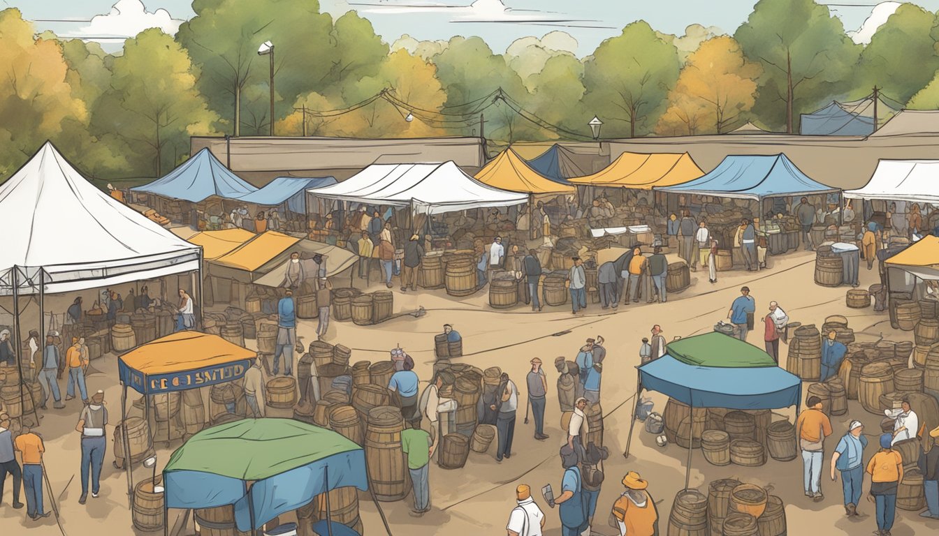 A bustling festival with tents, banners, and a stage surrounded by bourbon barrels. Vendors and sponsors showcase their products to eager attendees