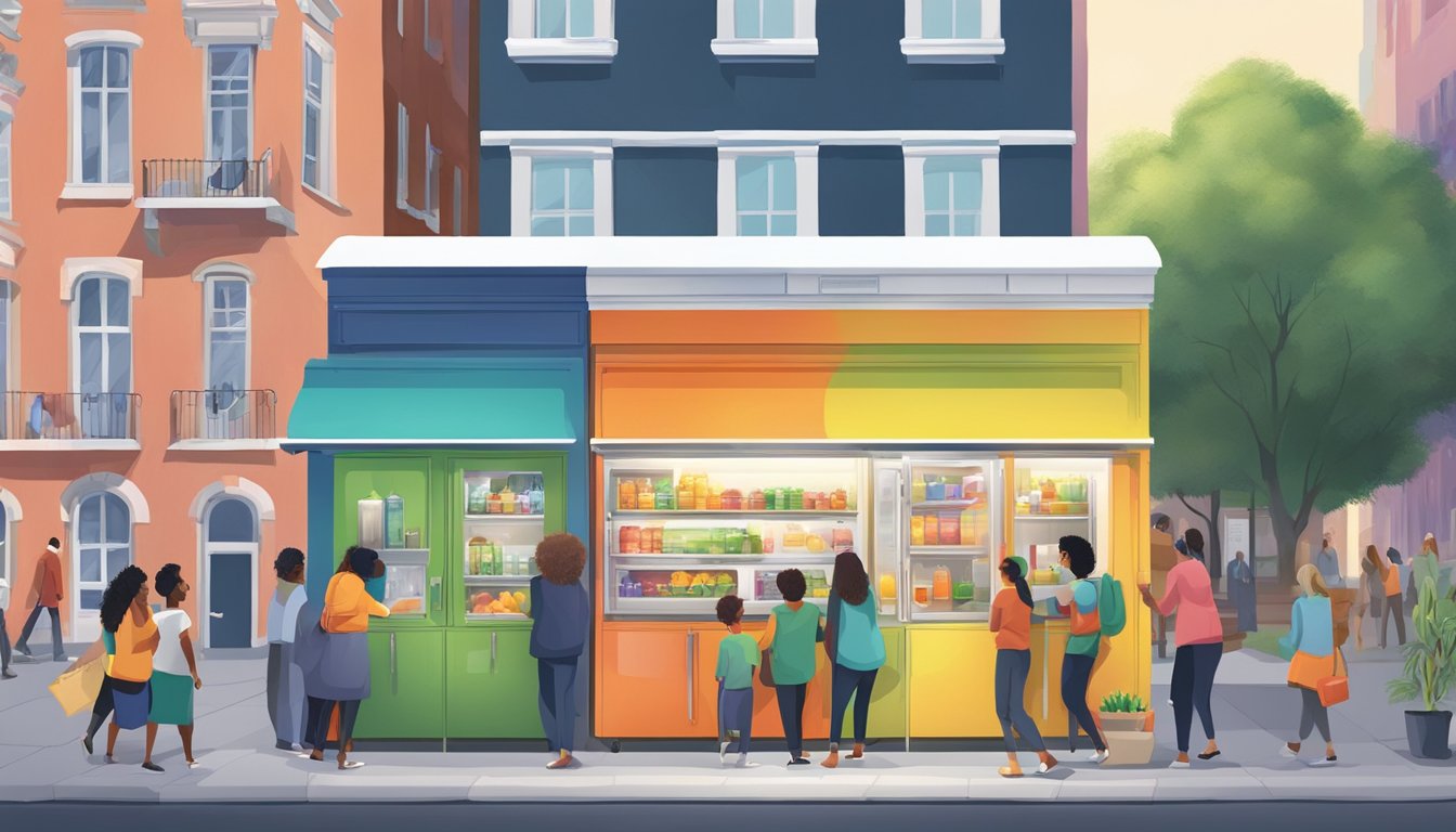 A brightly colored community fridge surrounded by diverse buildings and people