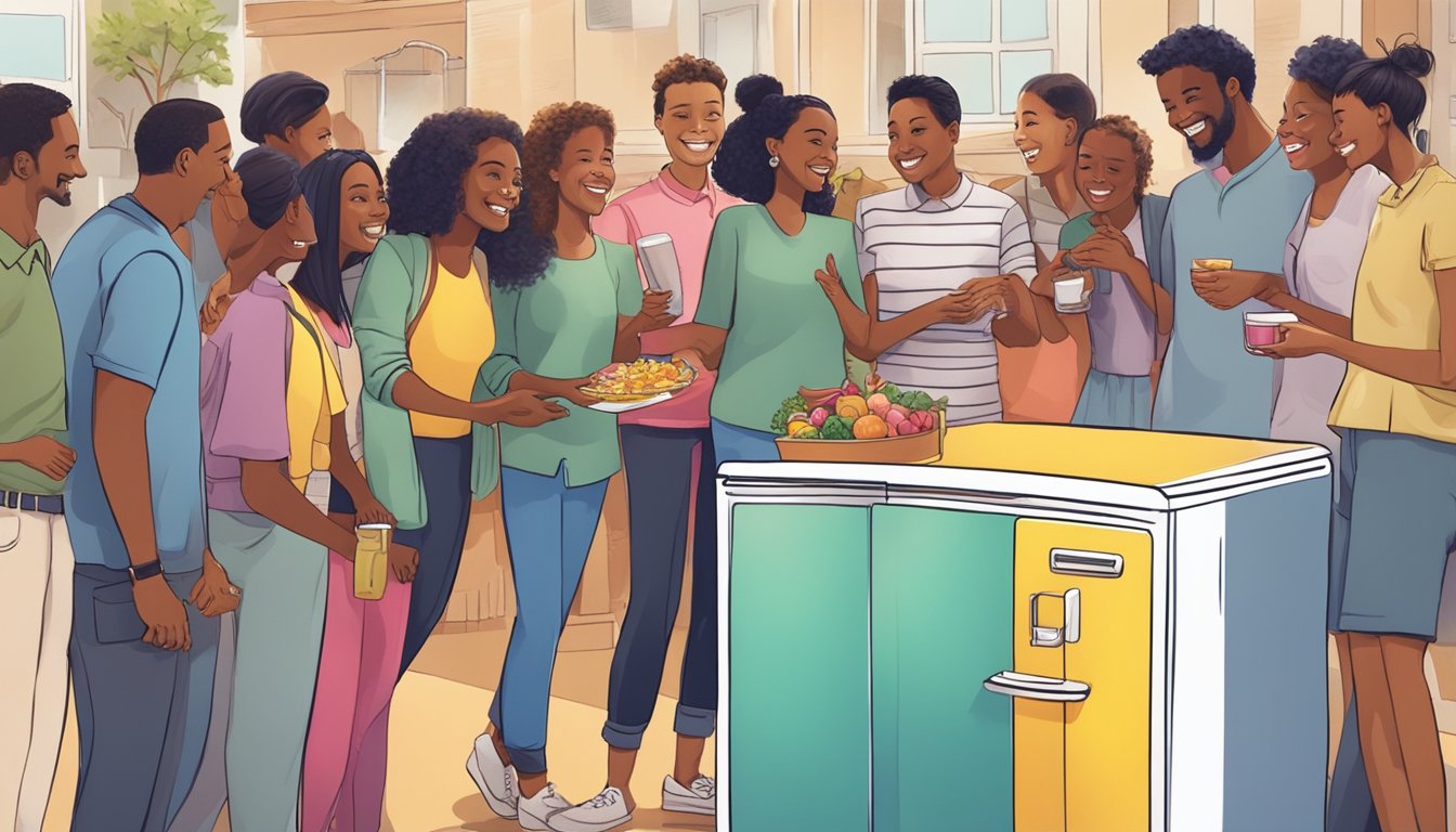 A diverse group of people gather around a brightly painted fridge, exchanging food and goods with smiles and gratitude