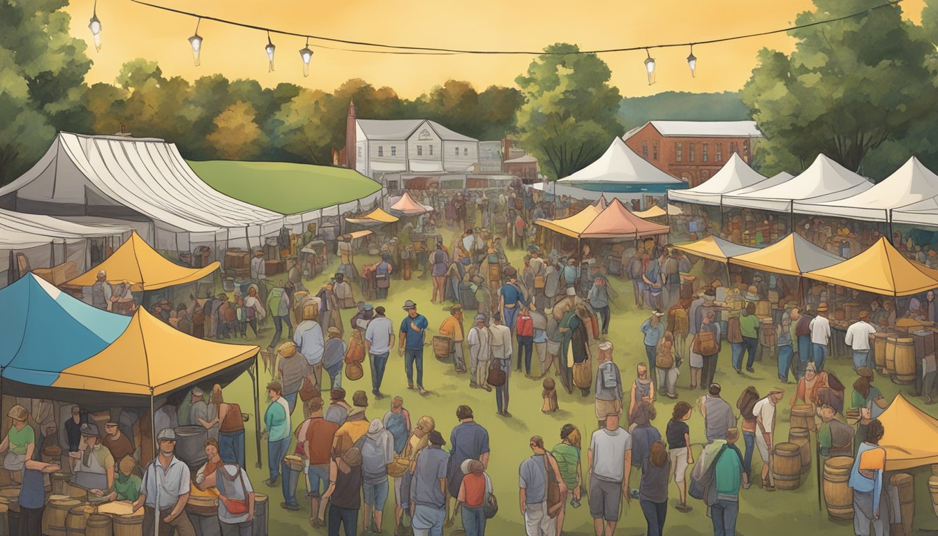 A bustling festival scene with tents, bourbon barrels, and live music in Bardstown, Kentucky