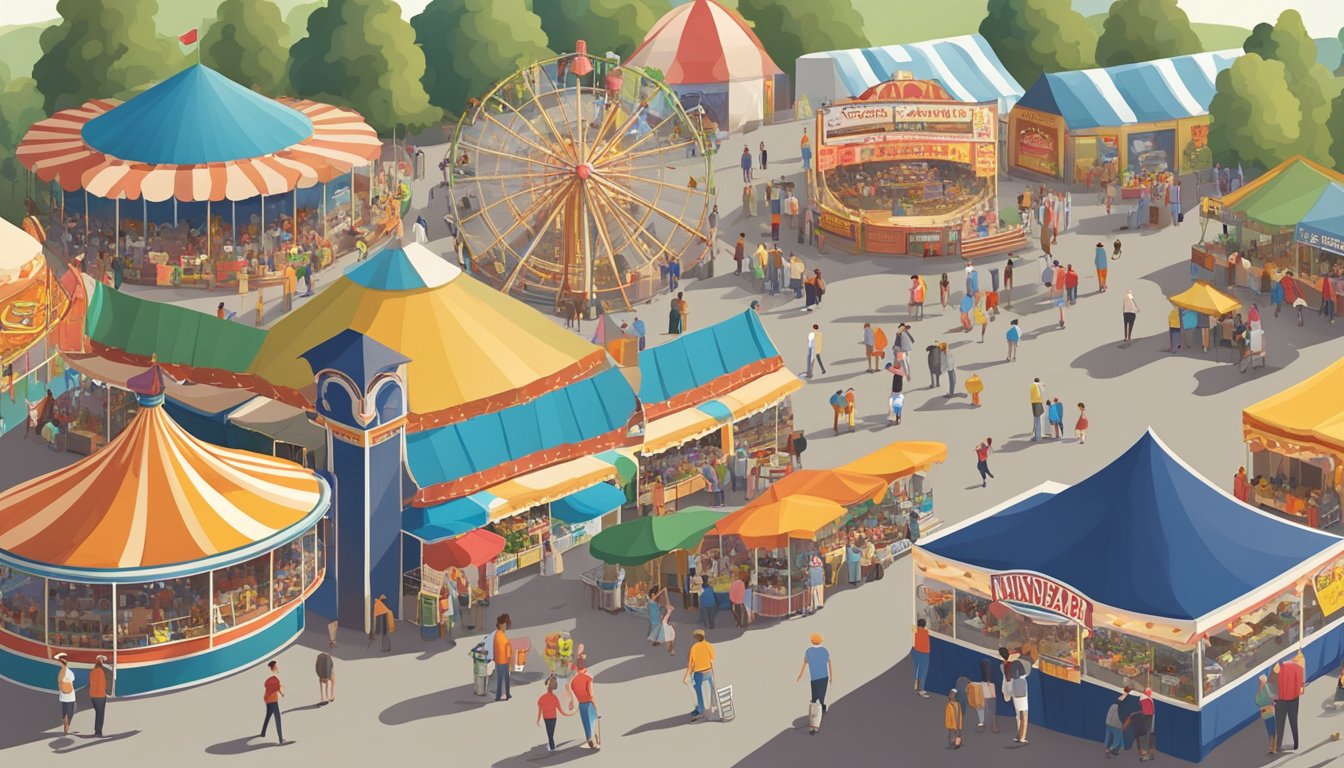 A bustling Minnesota State Fair scene with food stands, carnival rides, live music, and crowds of people enjoying the attractions and entertainment