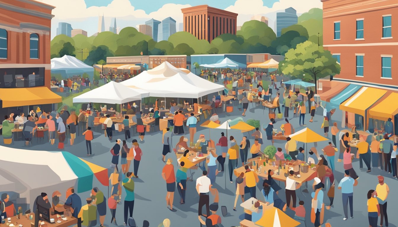 A bustling outdoor festival with food and wine vendors, live music, and people enjoying beverages in Music City