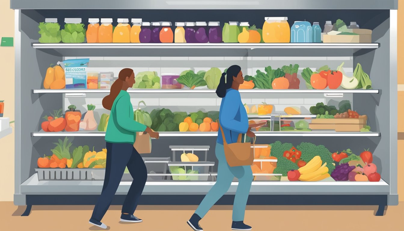 A bustling local community fridge being stocked with fresh produce and groceries by volunteers in Concord, CA