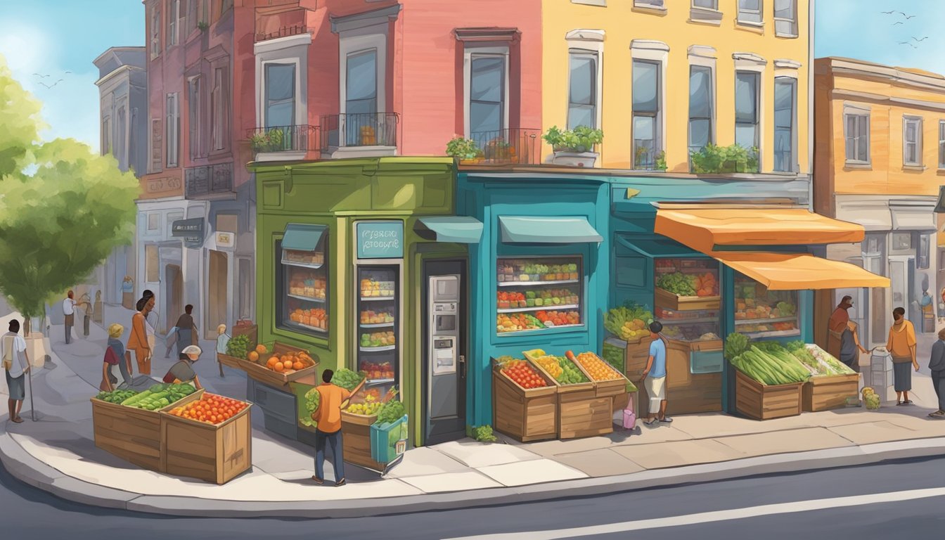 A colorful community fridge sits on a bustling street corner, filled with fresh produce and packaged goods. People come and go, taking what they need and leaving what they can