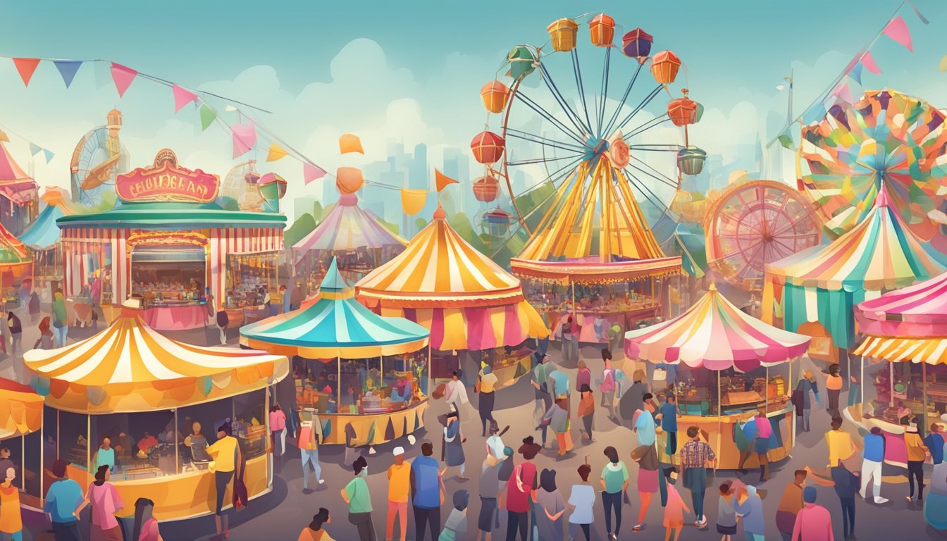 A bustling fairground with colorful stalls, rides, and food vendors, surrounded by crowds of people enjoying the festivities