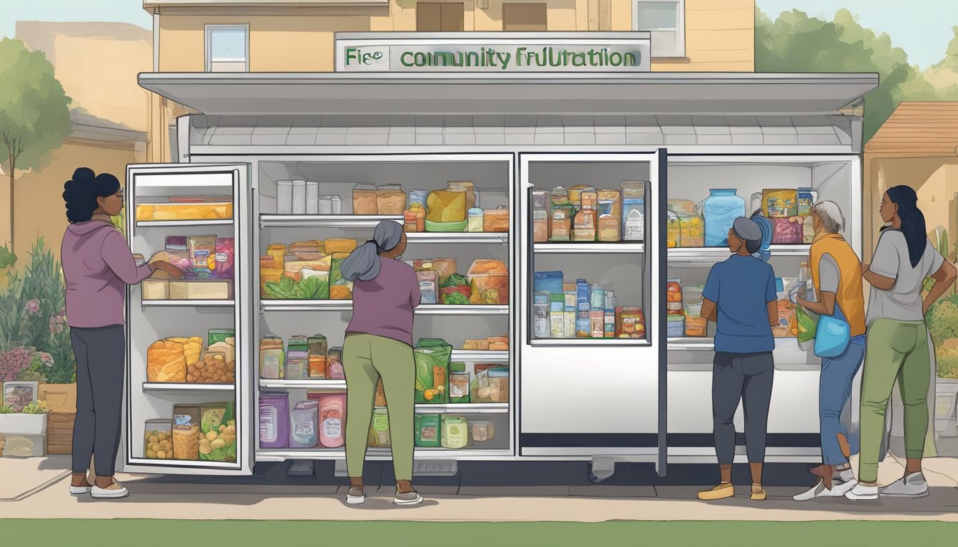 A community fridge in Elk Grove, CA filled with donated food items, surrounded by diverse local residents accessing and contributing to it