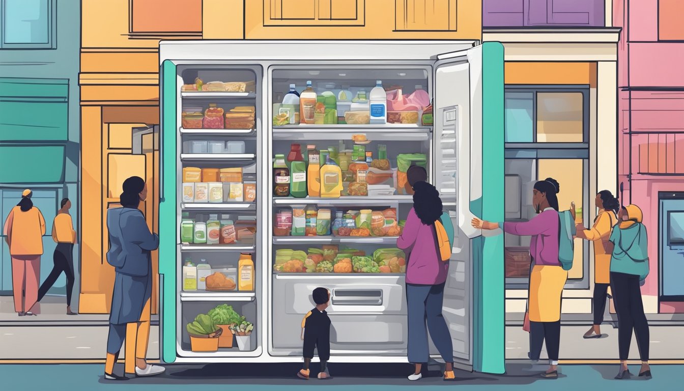 A colorful local community fridge surrounded by diverse businesses and organizations, with people from different backgrounds coming together to donate and access food