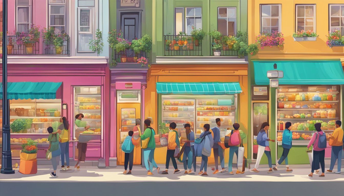 A bustling street corner with a colorful, decorated refrigerator surrounded by people adding and taking food