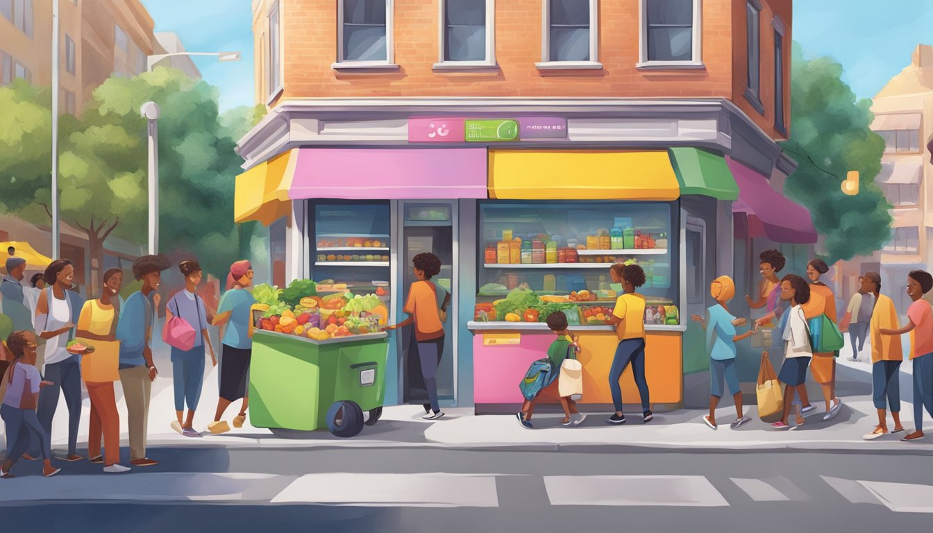 A bustling street corner with a colorful community fridge surrounded by people exchanging food items and sharing smiles