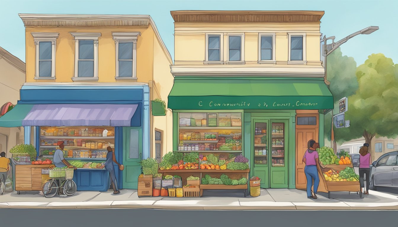 A bustling street corner in Concord, CA, with a colorful community fridge adorned with local artwork and filled with fresh produce and pantry items