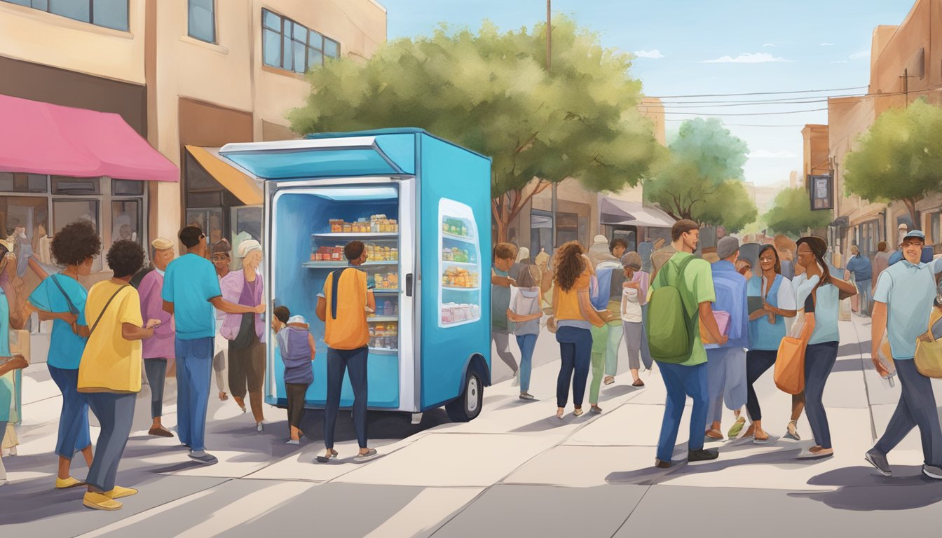 A bustling street in Mesa, Arizona, with a vibrant community fridge being launched, surrounded by eager volunteers and local residents