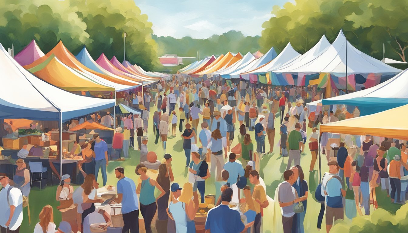 Crowds gather under colorful tents at the Music City Food & Wine Festival, sampling gourmet dishes and sipping fine wines amidst live music