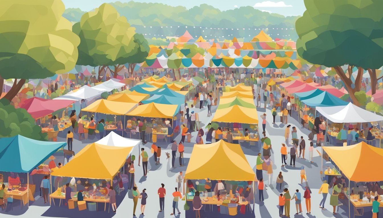 A bustling outdoor festival with colorful tents, food vendors, and wine tastings. People are gathered in small groups, chatting and sampling various dishes