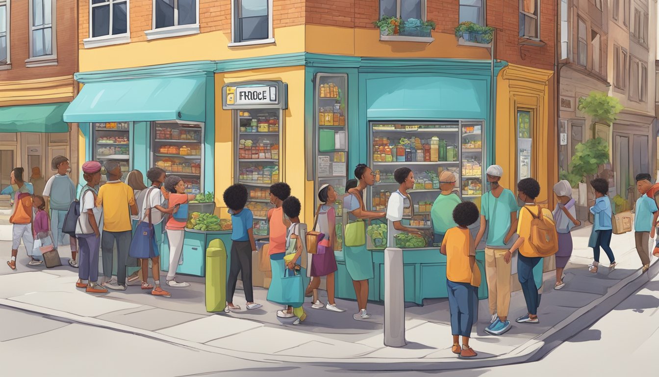 A bustling street corner with a colorful, well-stocked community fridge surrounded by diverse individuals coming and going