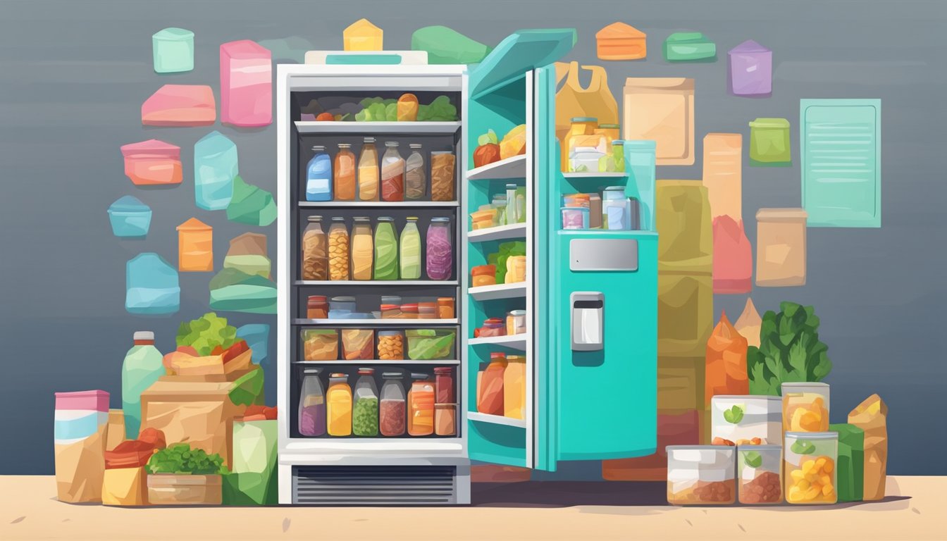 A colorful community fridge sits against a wall, filled with various food items. People come and go, leaving donations and taking what they need