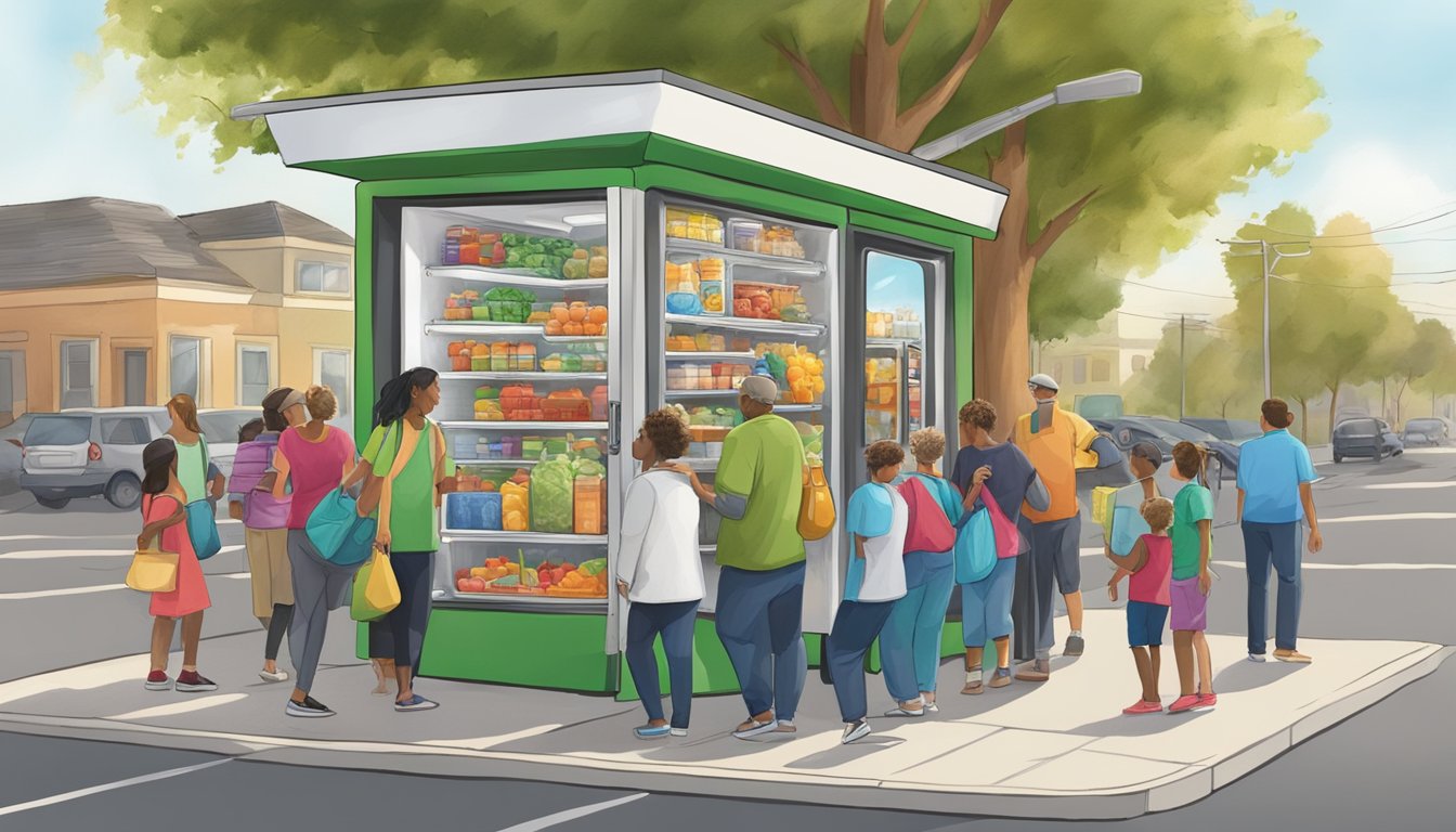 A bustling street corner with a colorful, decorated community fridge surrounded by eager volunteers and engaged residents in Elk Grove, CA