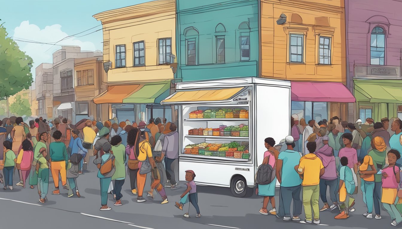 A bustling street with a colorful community fridge surrounded by people placing food inside and others coming to take what they need