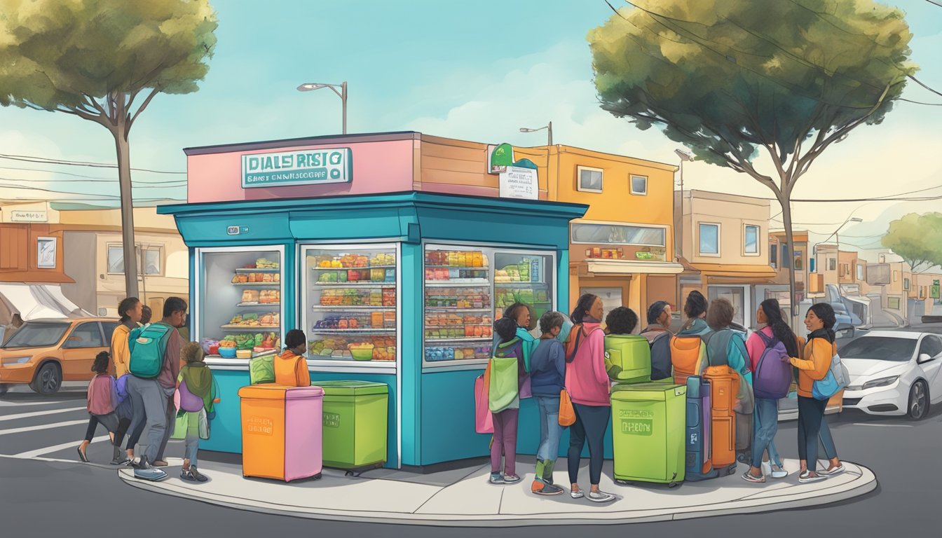 A bustling street corner in Daly City, CA, with a colorful and inviting community fridge surrounded by eager locals donating and collecting food