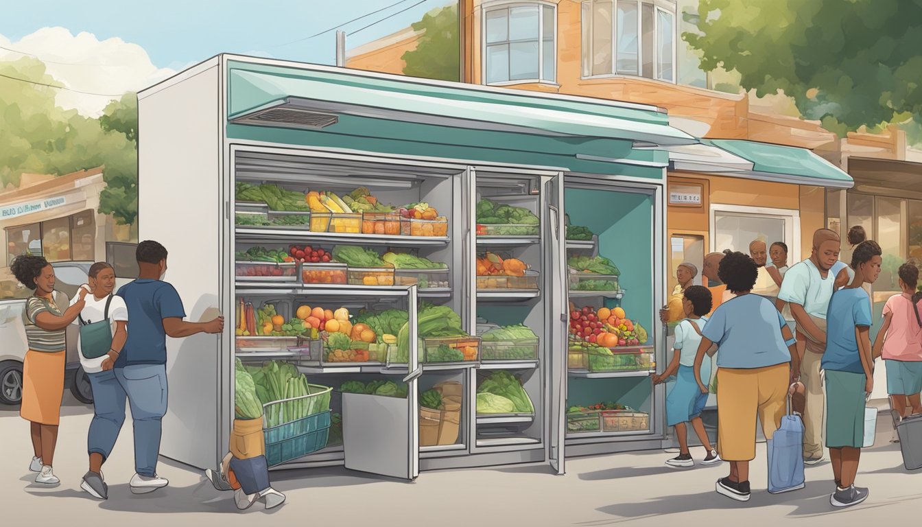 A bustling local community fridge surrounded by people dropping off and picking up fresh produce and other food items