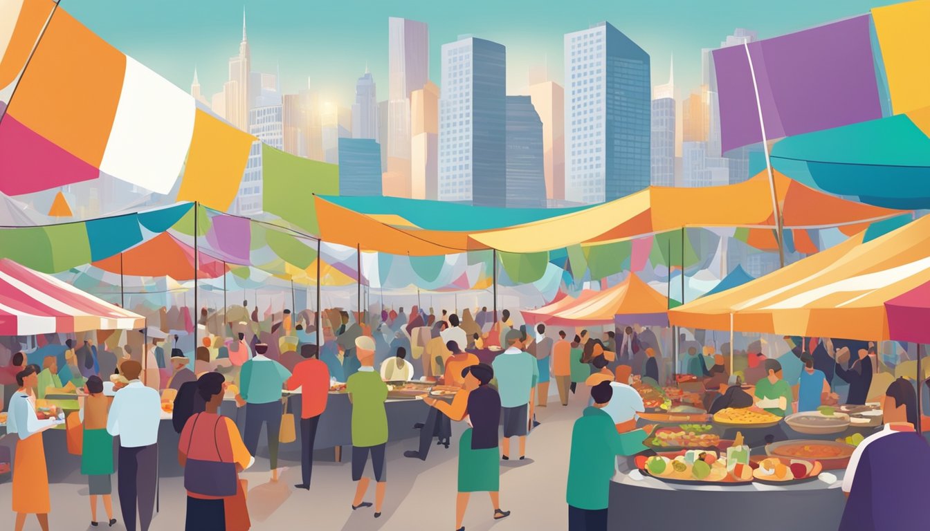 Crowds gather under colorful tents, sampling gourmet food and wine. Music fills the air as chefs prepare dishes. The city skyline looms in the background