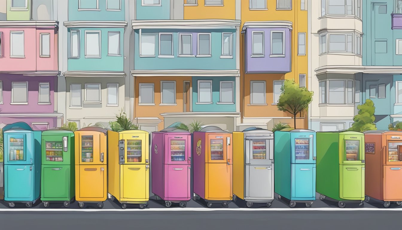 A row of colorful community fridges in a bustling Daly City neighborhood, with people coming and going to donate or take food