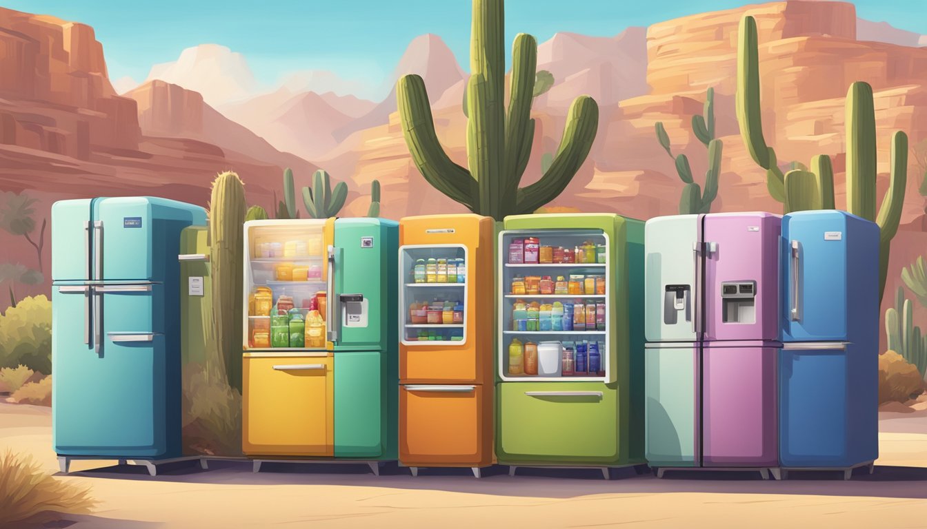 A colorful community fridge stands against a backdrop of desert mountains, surrounded by bustling city streets and diverse neighborhoods