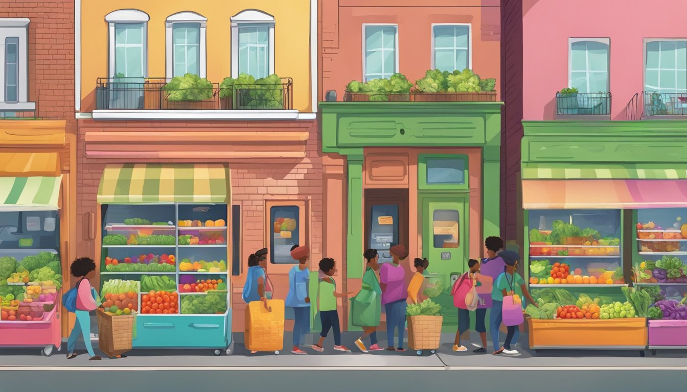 A bustling street with a colorful community fridge filled with fresh produce and food items. People of all ages and backgrounds contribute to the fridge, creating a vibrant and diverse scene