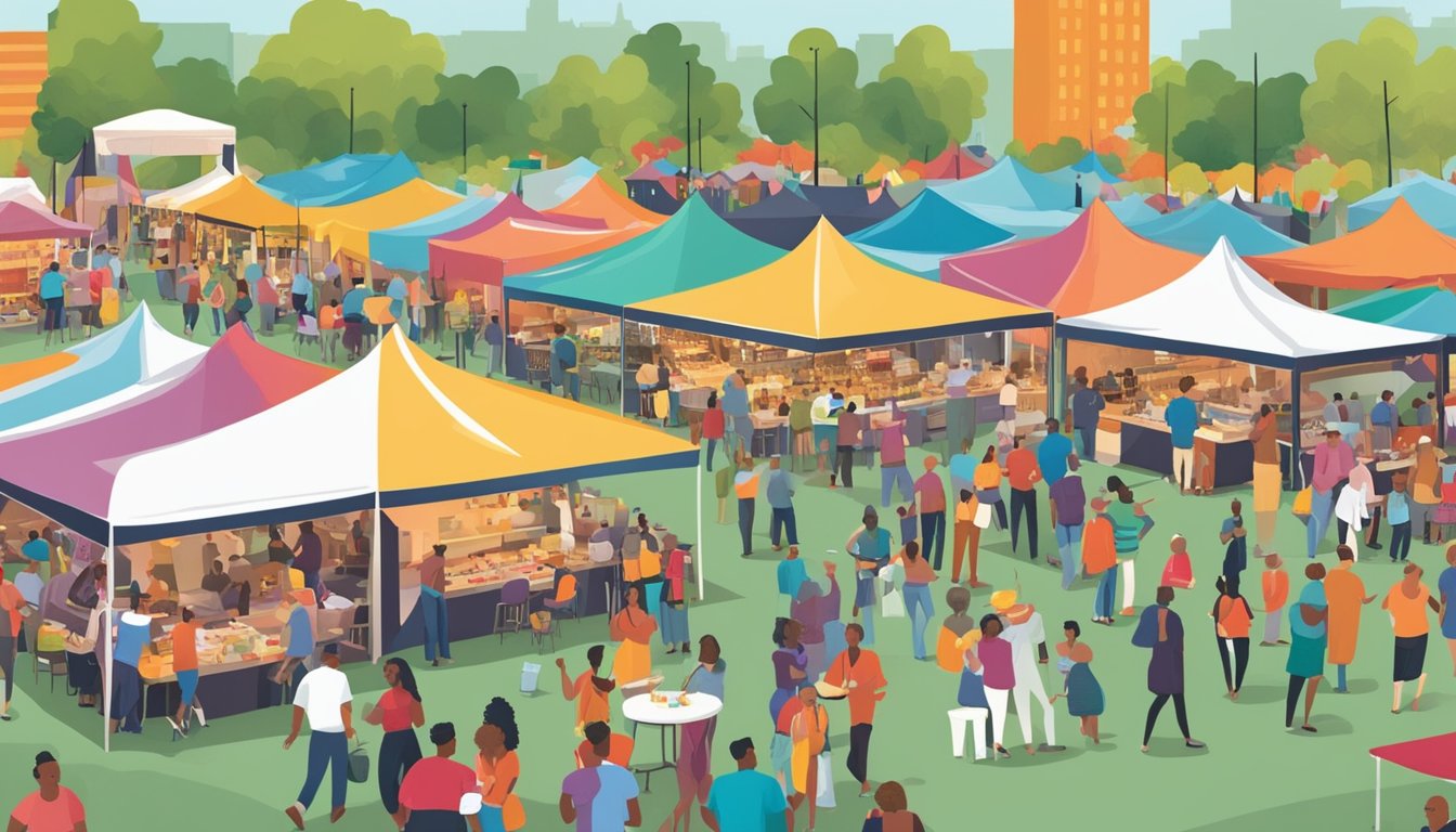 A bustling outdoor food and wine festival in Memphis, with colorful tents, live music, and people enjoying a variety of culinary delights